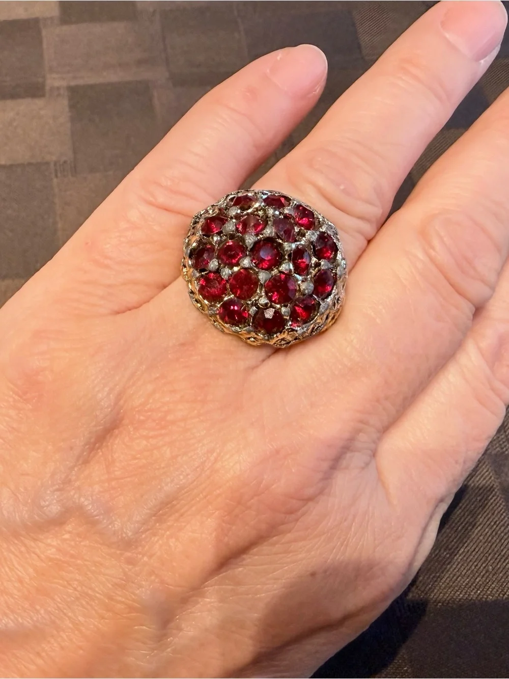 Vintage Ruby color Rhinestone Dome Cocktail Ring (Size 7)